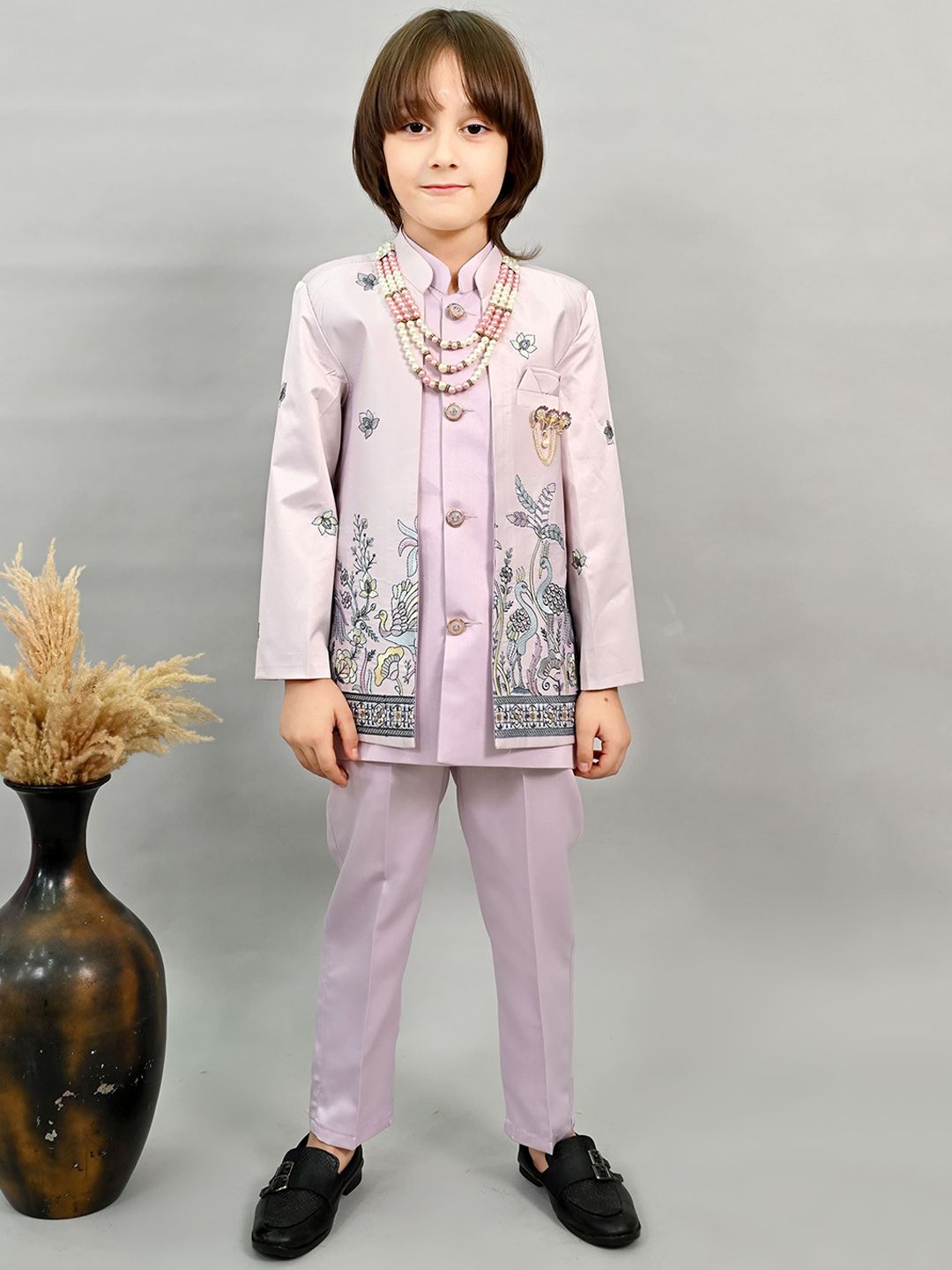 BT DEZINES Boys Satin Peacock Floral Embroidered Sherwani Set-image-26