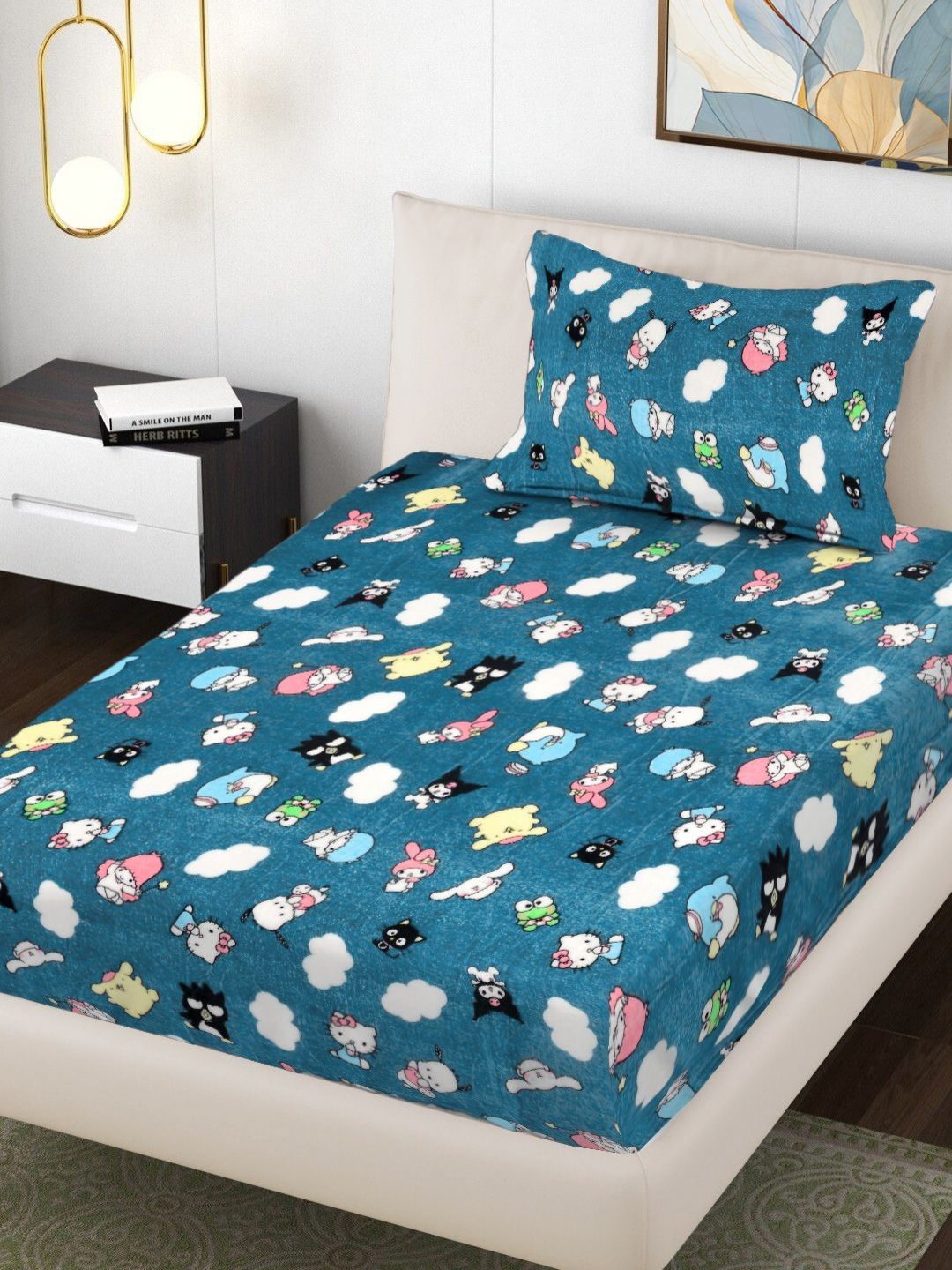FABINALIV Turquoise Blue & White Floral 300 TC Single Bedsheet with 1 Pillow Covers-picture-15