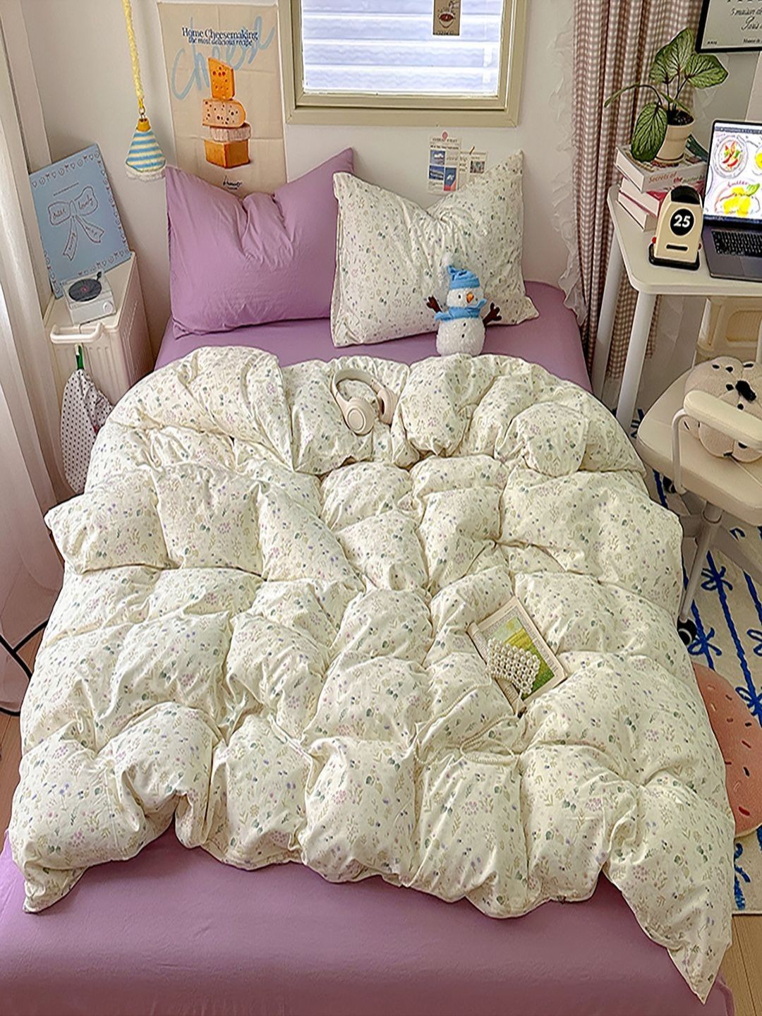 JC HOME Purple & Cream-Coloured Floral Polycotton 4 Piece Single Regular Bedding Set-picture-13