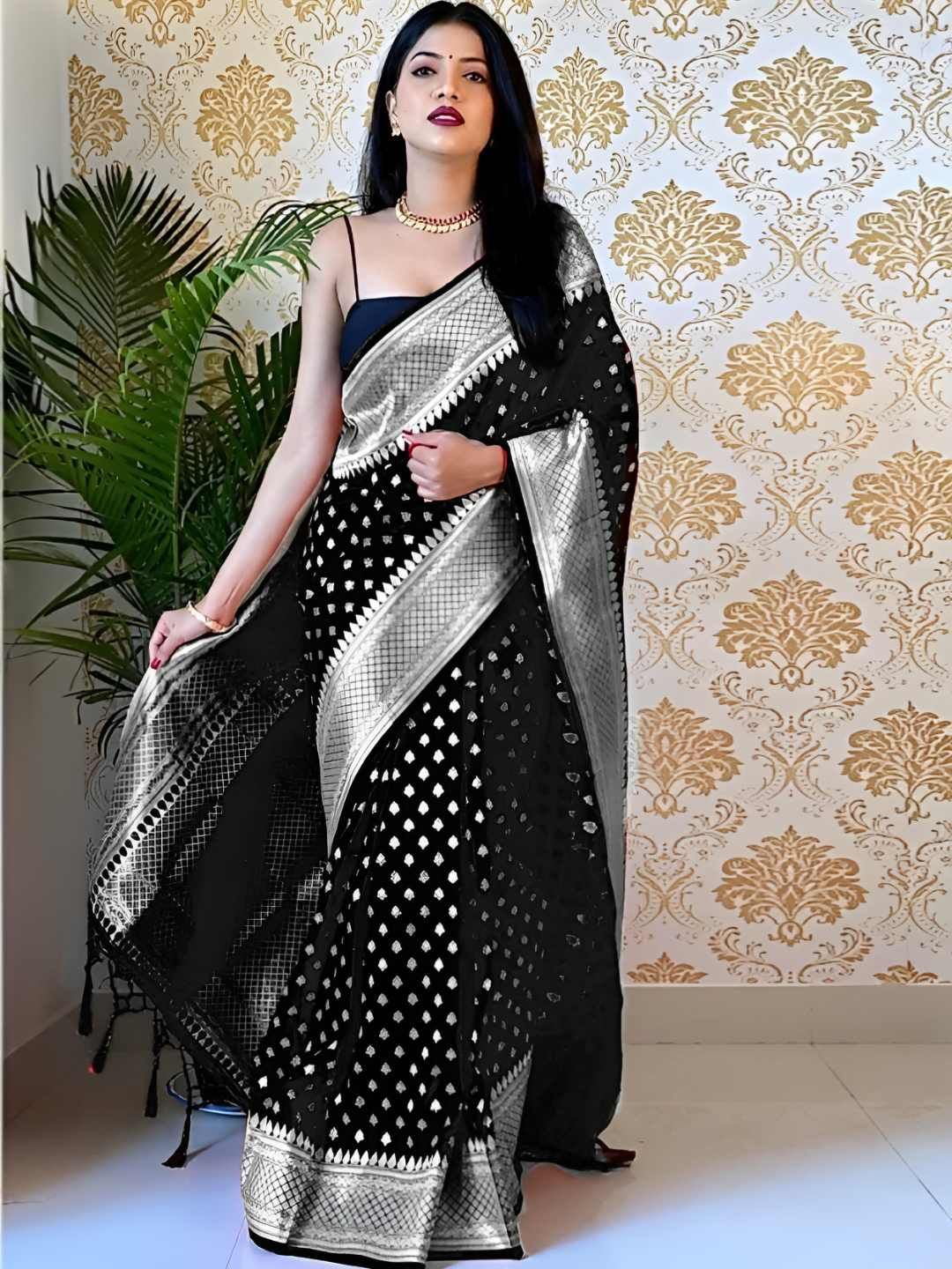 SWEETPEL Ethnic Motifs Woven Design Zari Kanjivaram Banarasi Saree-picture-26