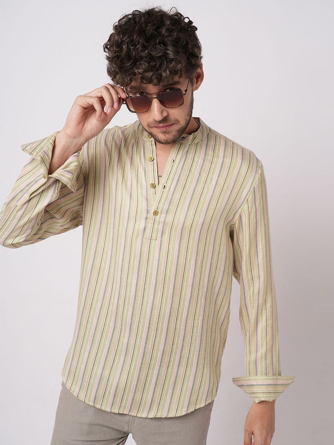 VASTRADO Men Vertical Striped Band Collar Linen Kurta-picture-32