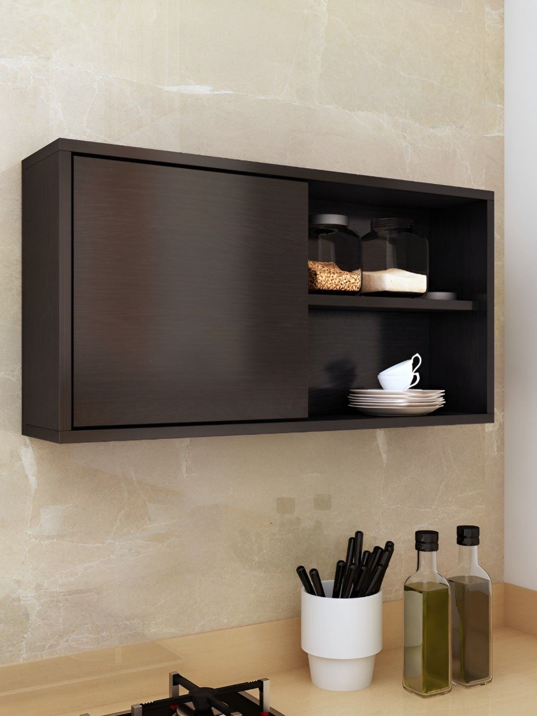 Crystal Furnitech Black Textured Wooden Kitchen Cabinet