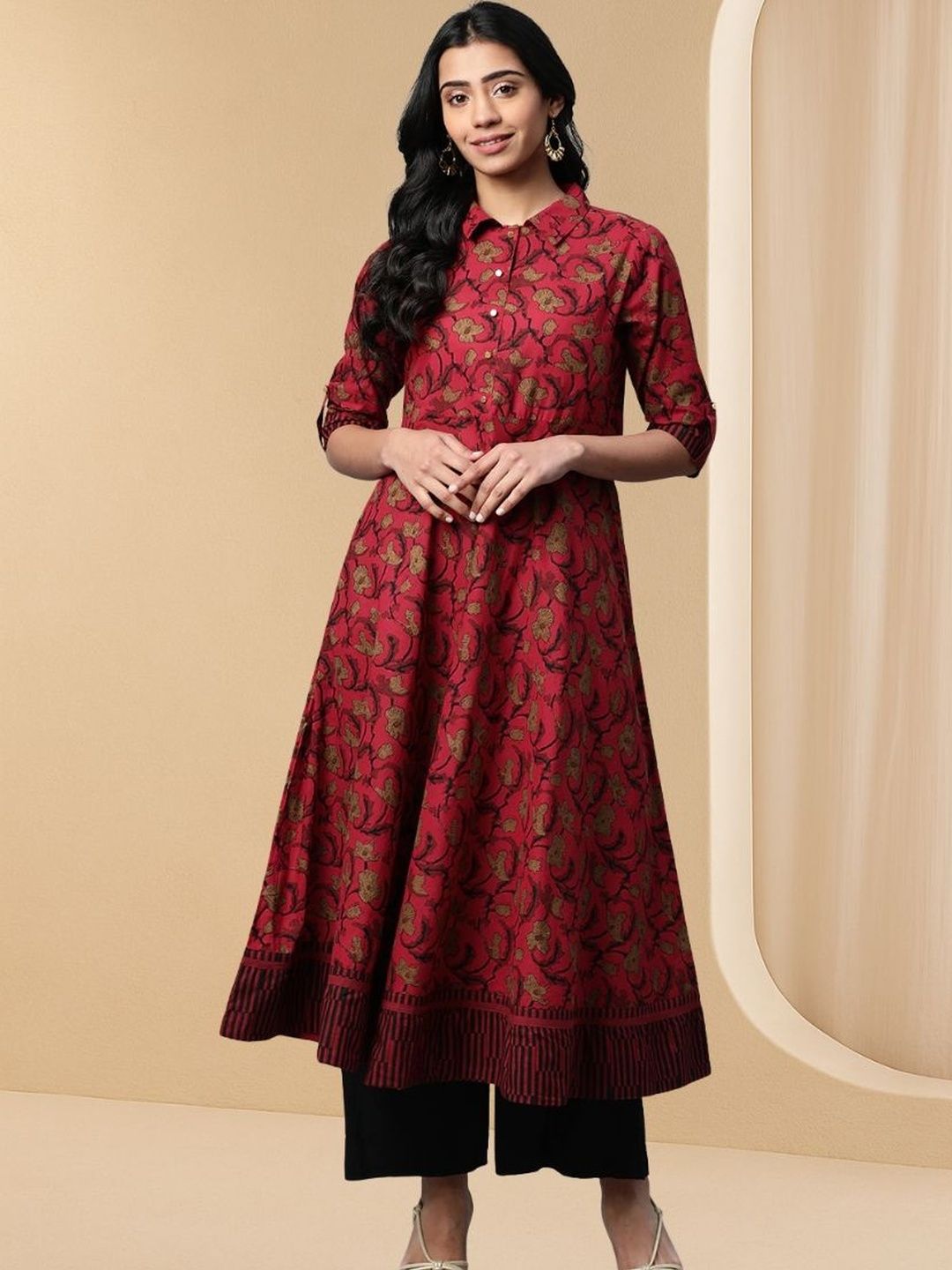 KALINI Floral Printed Shirt Collar Roll-Up Sleeves Cotton Anarkali Kurta-picture-31