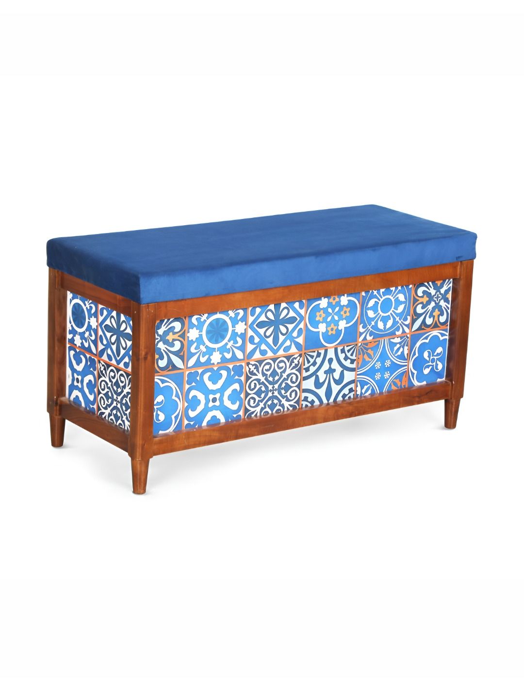 GLOBALLY INDIAN Blue & White Printed Wooden 2-Seater Rectangle Love Seat Bench