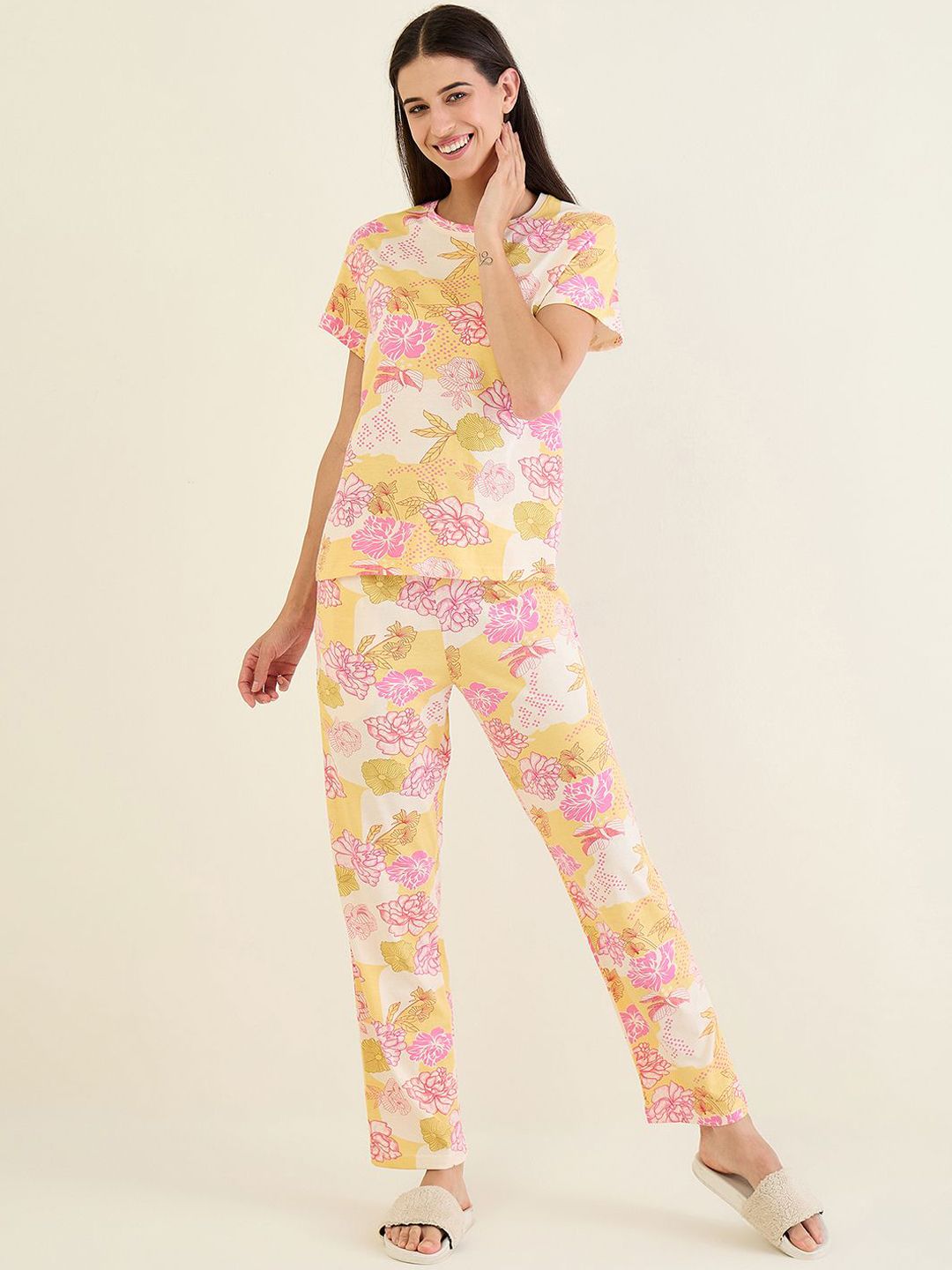 Sweet Dreams Floral Printed Round Neck Pure Cotton T-shirt & Pyjamas-image-5
