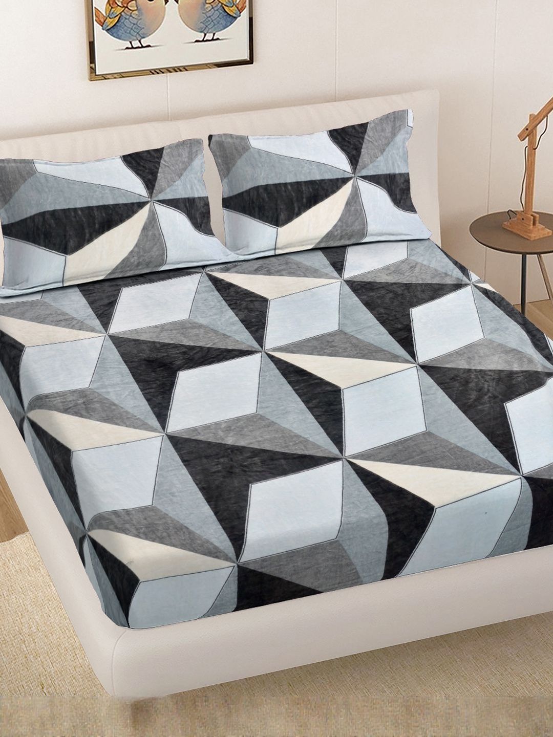 Myntra Elegant Homes Multicoloured Geometric 300 TC King Bedsheet with 2 Pillow Covers-picture-10