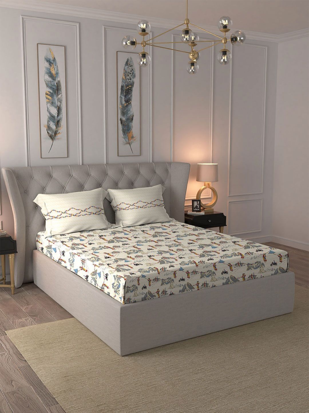 MYTRIDENT White Printed Pure Cotton 144 TC Fine King Bedsheets Set 2.74 m x 2.74-picture-32
