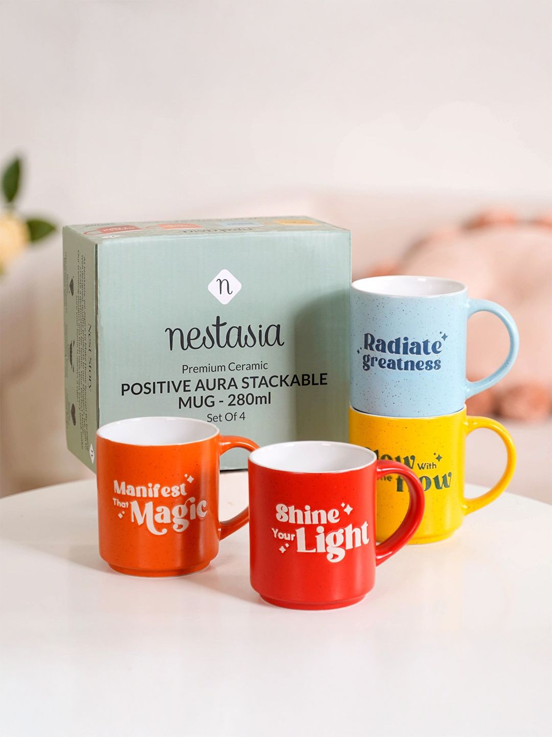 Nestasia Orange Colored & Red 4 Pieces Printed Ceramic Glossy Mugs 280ml-picture-8