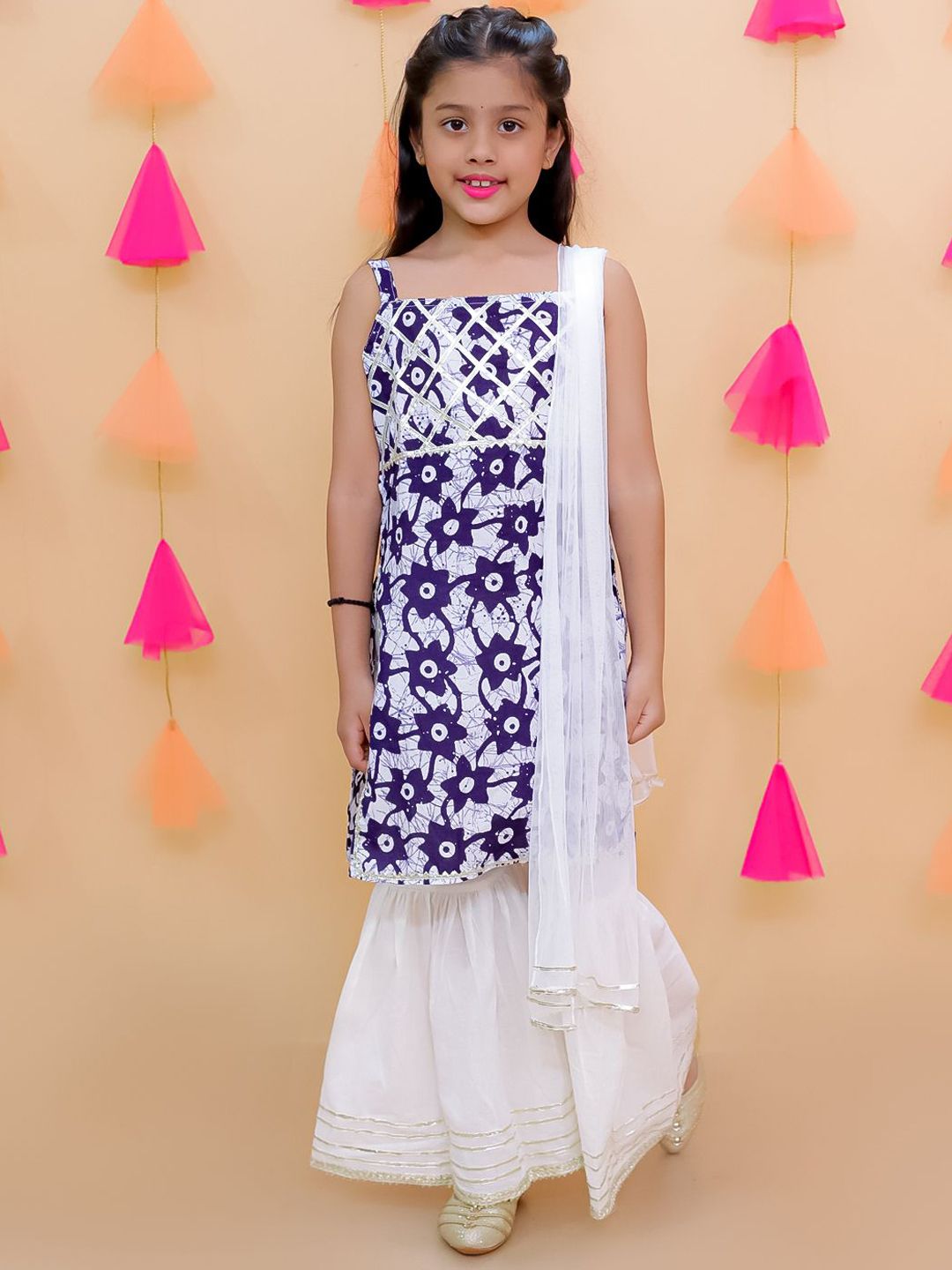 JUNITOS Girls Ethnic Motifs Printed Gotta Patti Cotton Kurti with Sharara & With Dupatta-picture-17