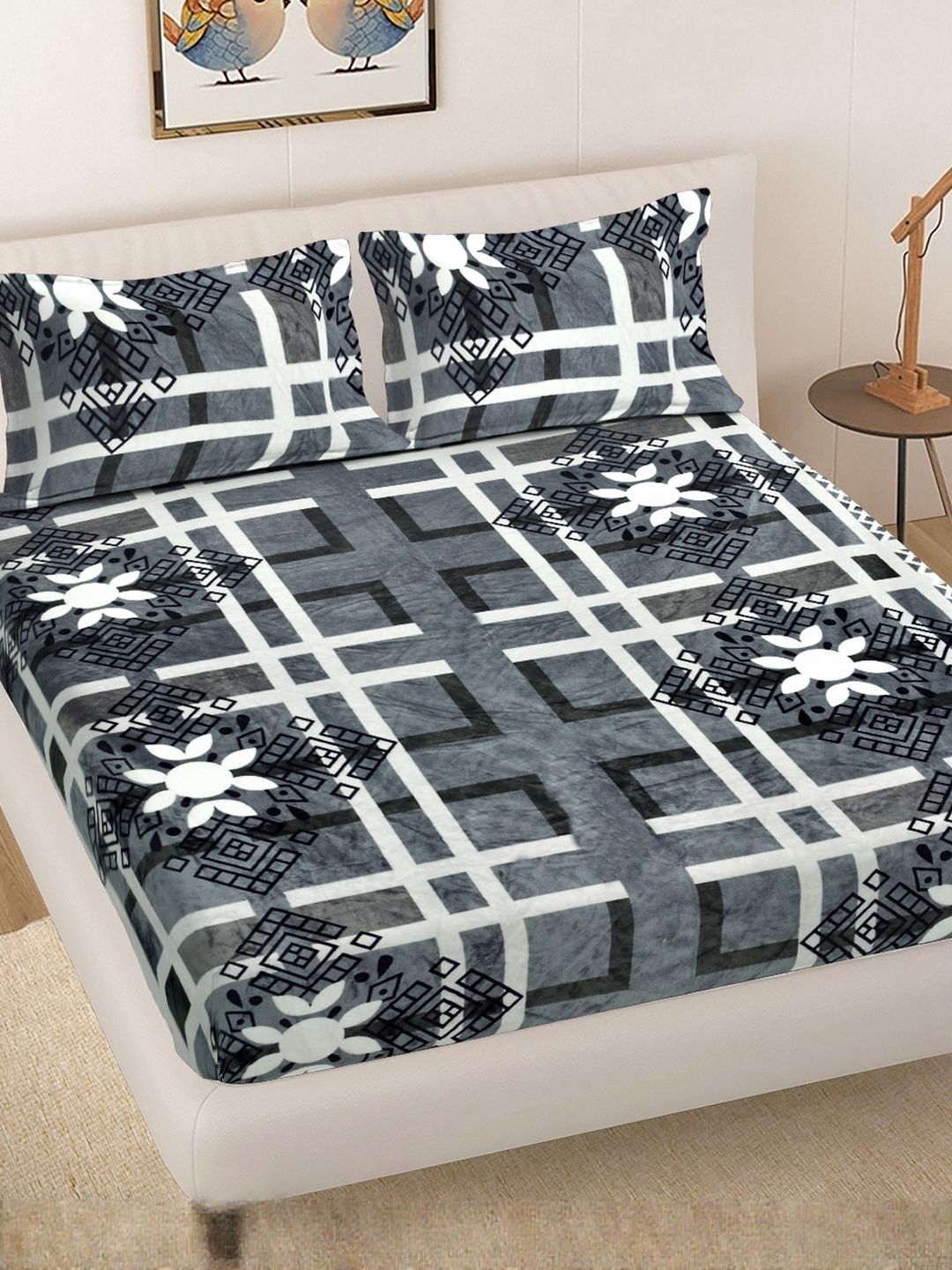 Myntra Elegant Homes Grey & Black Geometric 300 TC Woolen King Bedsheet & 2 Pillow Covers-picture-25