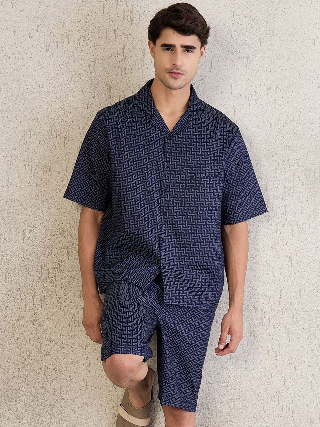 Sweet Dreams Men Printed Shirt Collar Pure Cotton Night Suits-picture-41