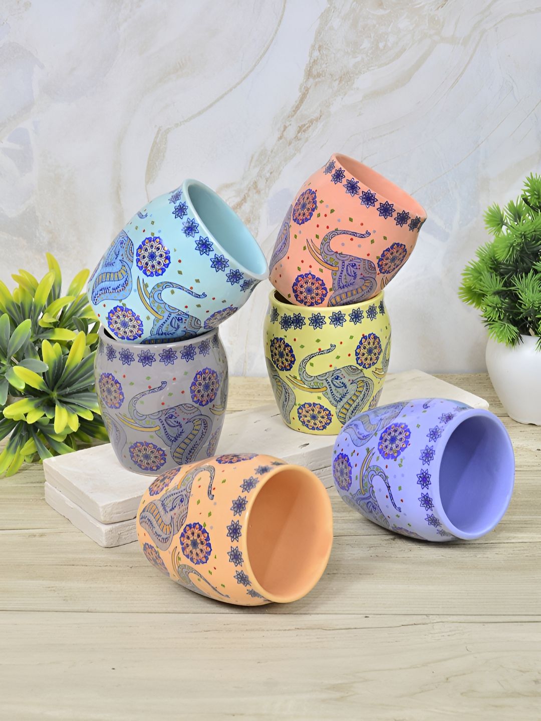 FABINALIV Yellow & Pink 6 Pieces Printed Ceramic Kulladhs 170ml-image-49