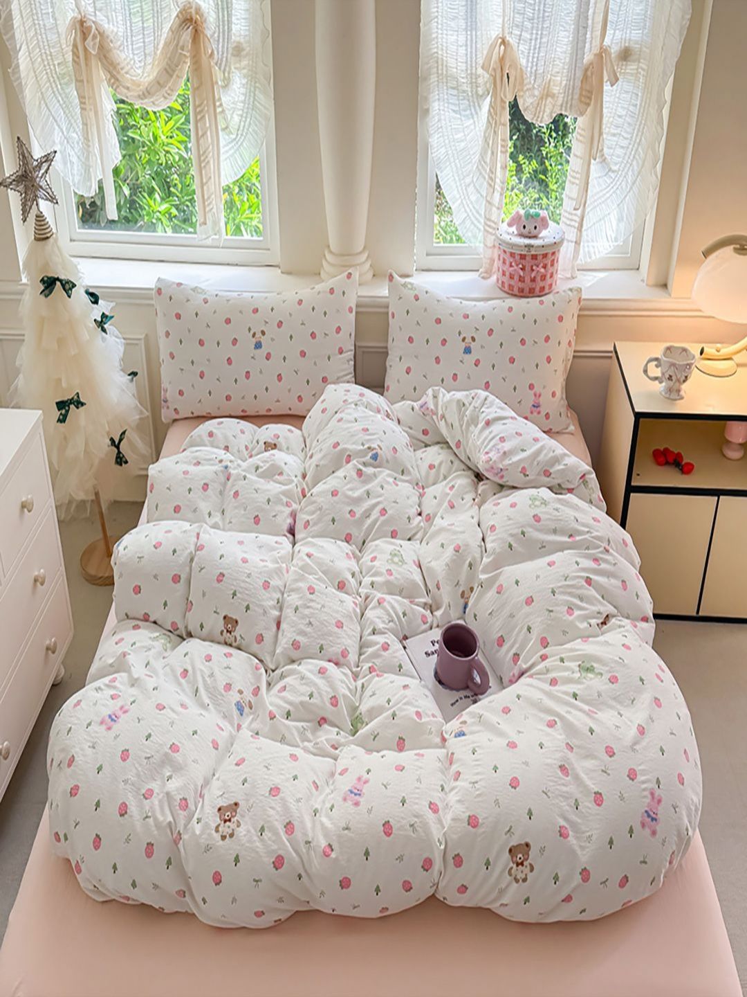 JC HOME White & Pink 4 Piece Double Queen Regular Bedding Set-picture-29
