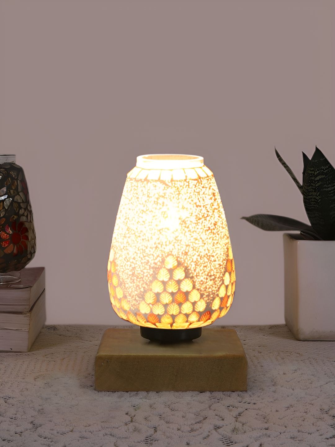Aura White & Gold Toned Textured Bell Shaped Glass Table Lamp with Wooden Base-picture-46