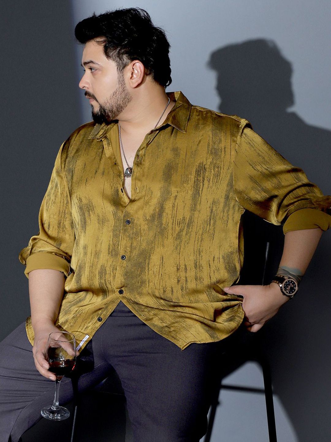 Instafab Plus Men Size Comfort Fit Textured Spread Collar Satin Casual Shirt-picture-25