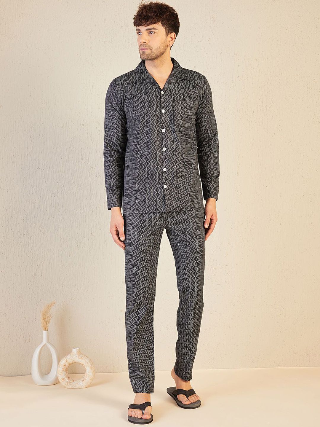 Sweet Dreams Men Printed Cotton Lapel Collar Neck Night Suit-picture-11