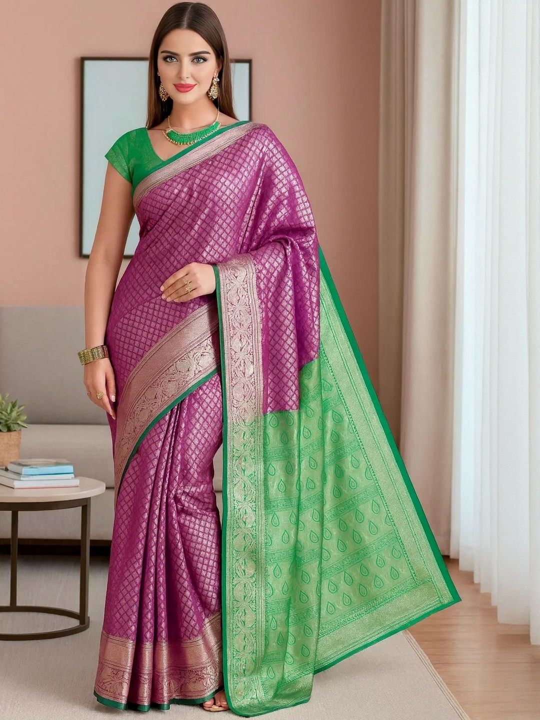 TRAQUILA Ethnic Motifs Woven Design Zari Banarasi Saree-picture-17