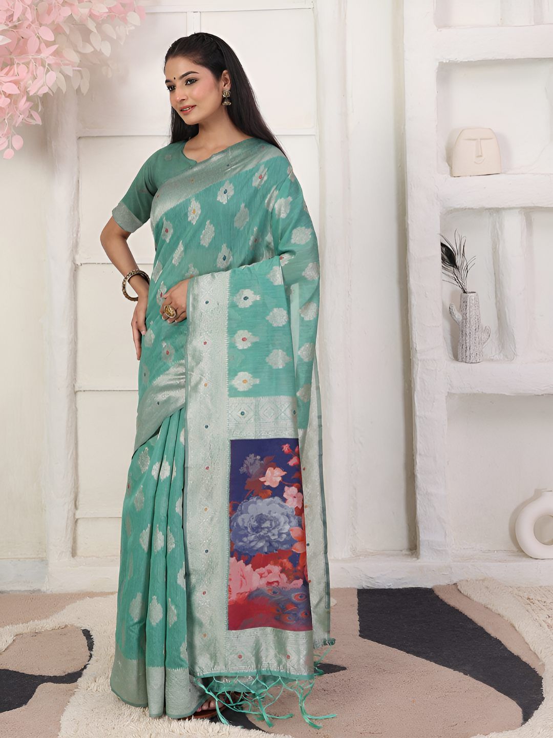 Astita Floral Woven Design Zari Saree With Unstitched Blouse-picture-16