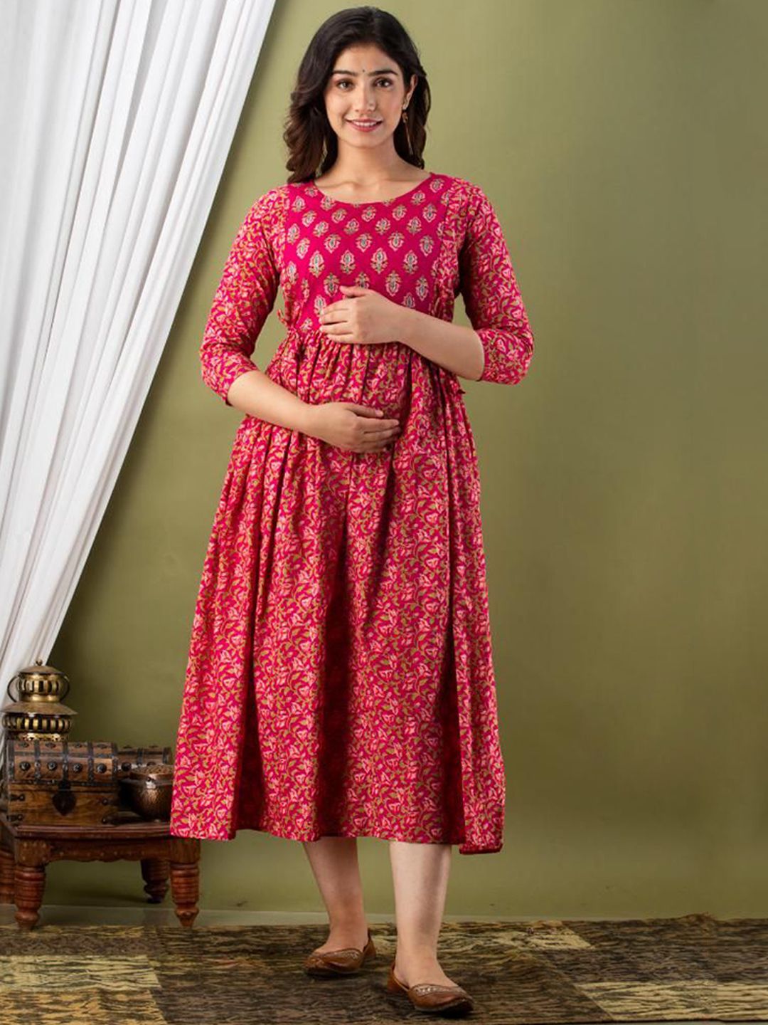 Ashvy Floral Printed Round Neck Fit and Flare Pure Cotton Maternity Ethnic Dress-picture-50