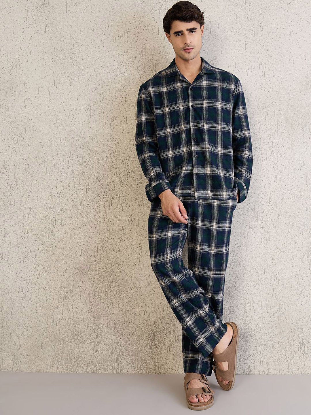 Sweet Dreams Men Checked Shirt Collar Pure Cotton Night Suits-picture-10