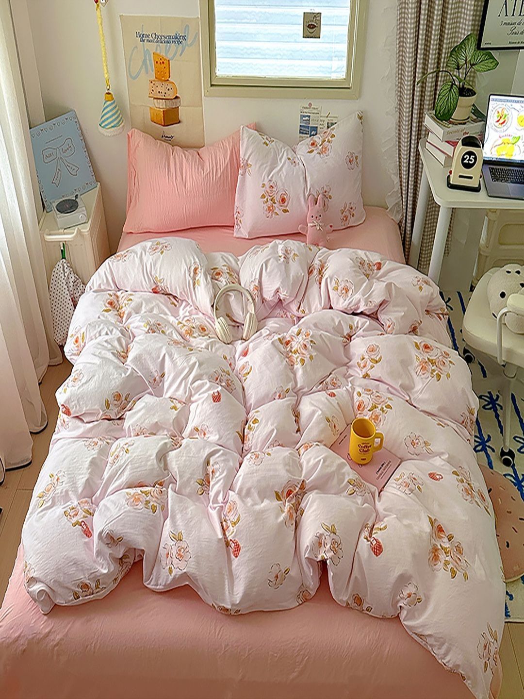 JC HOME Pink & White Floral Printed AC Room Single Bedding Set-picture-52
