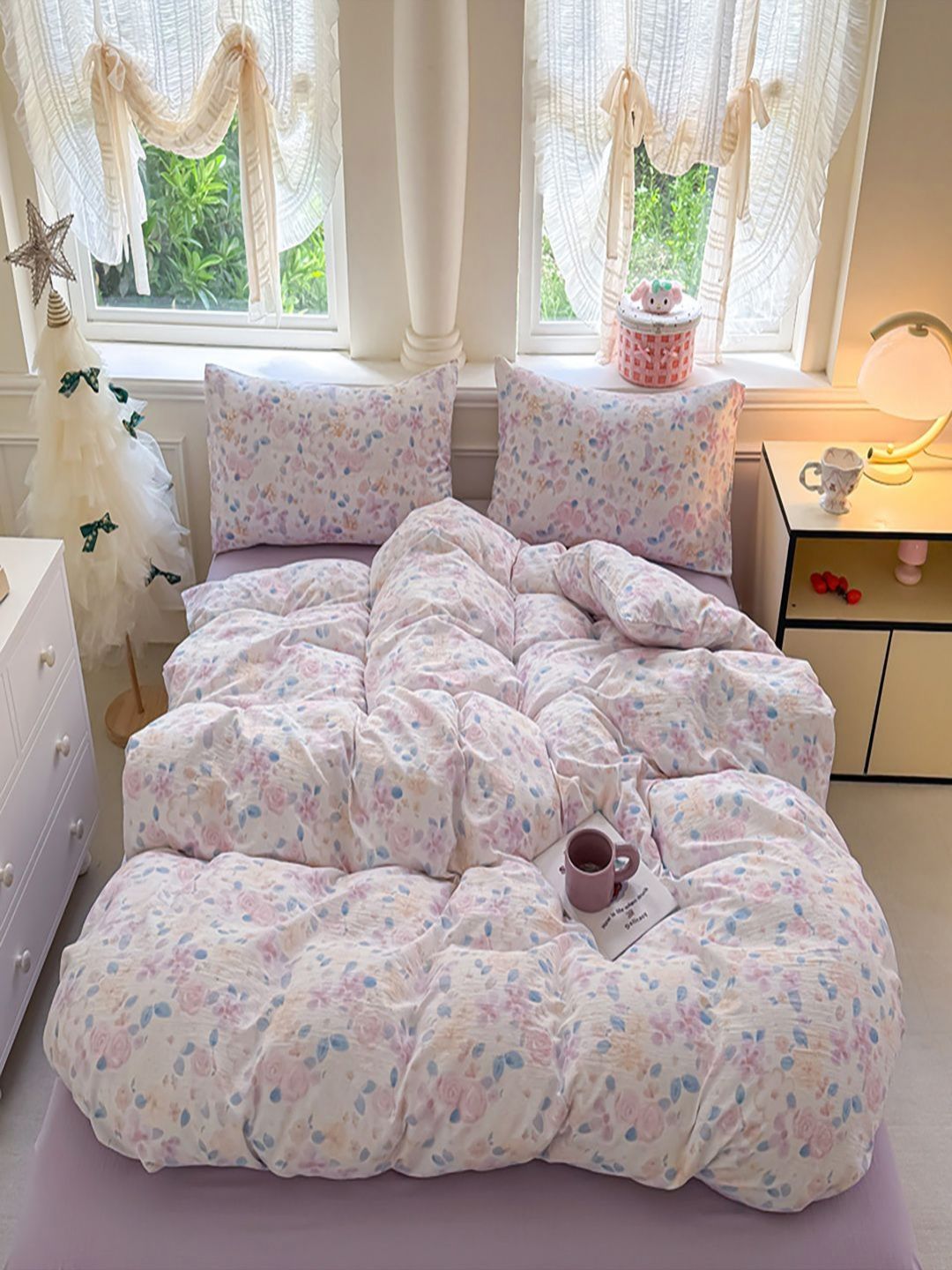 JC HOME Purple & Pink Floral Printed Polycotton 4 Piece Double King Regular Bedding Set-picture-10