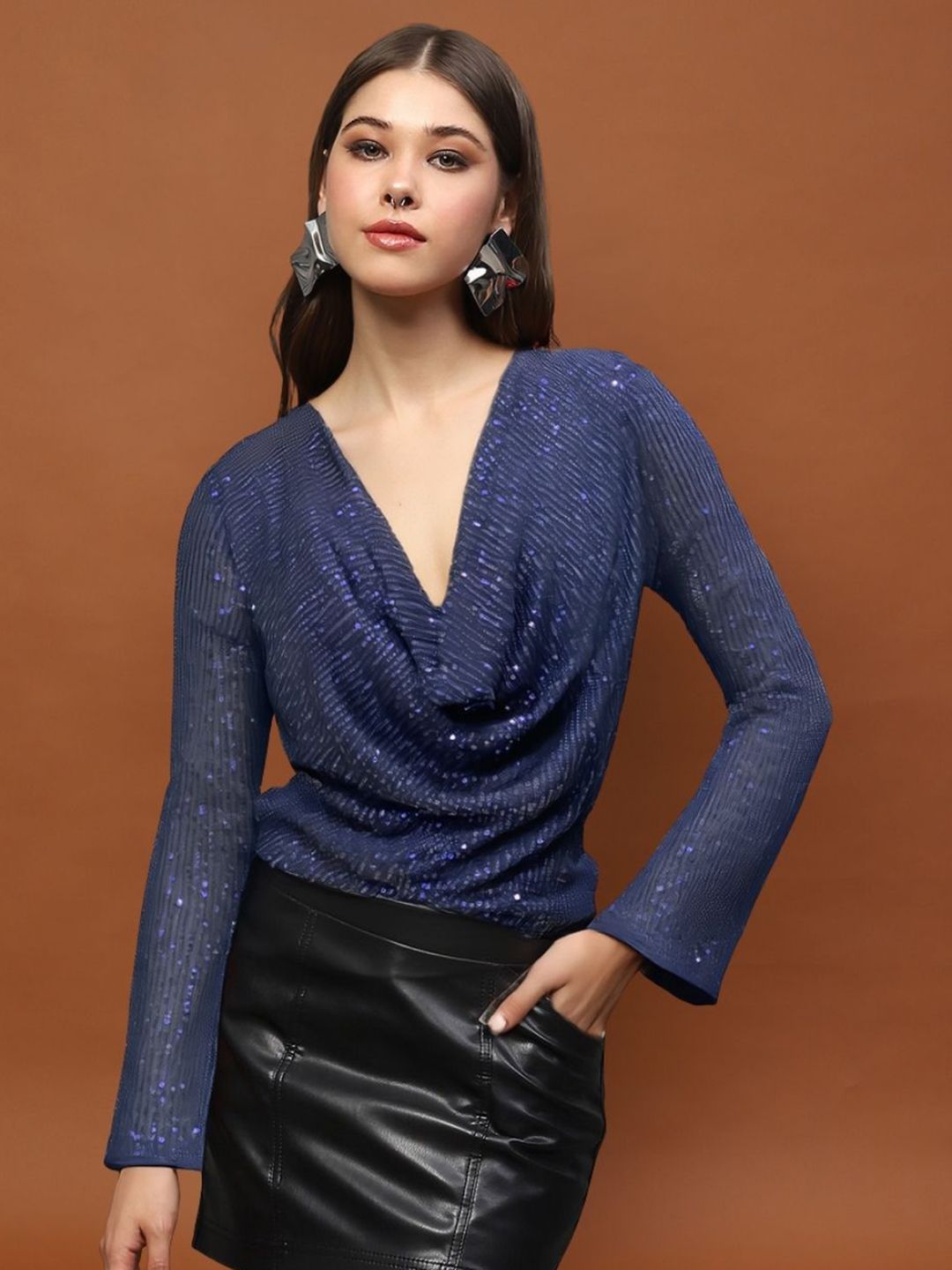 Sera Women Embellished Cowl Neck Sequined Detail Top-picture-22