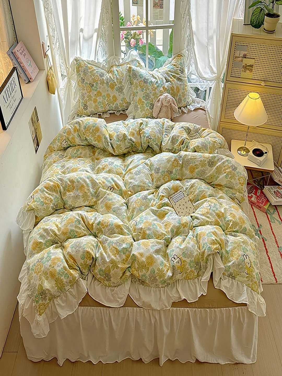 JC HOME Yellow & White Floral Printed AC Room Double King Bedding Set-picture-10