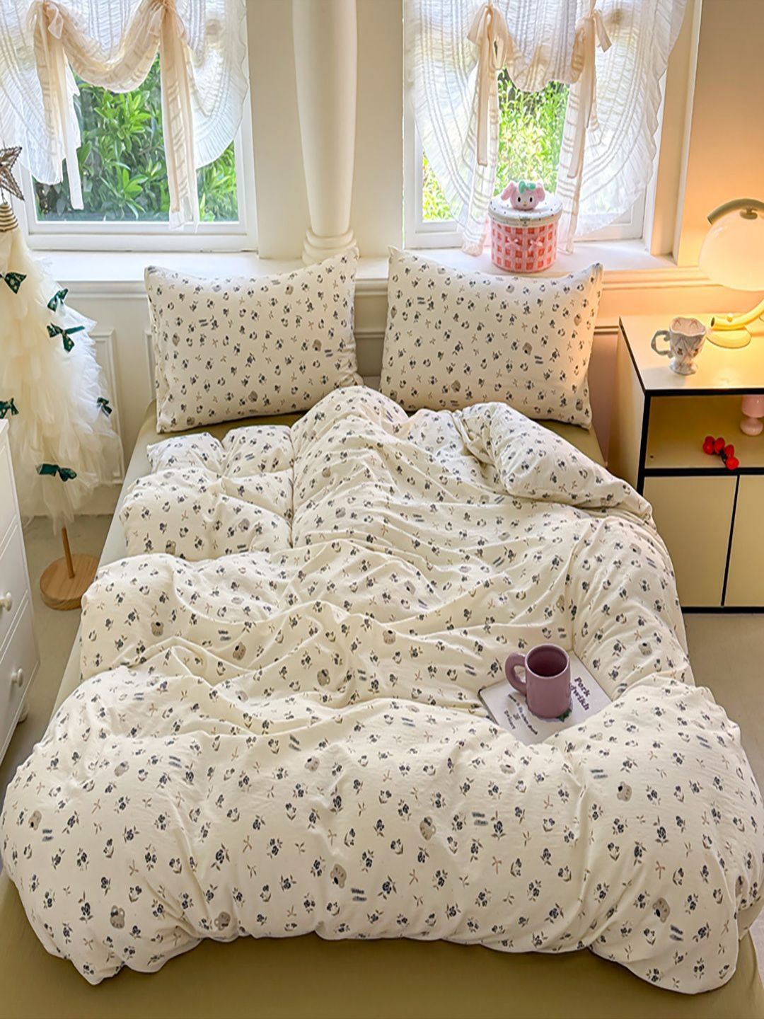 JC HOME White & Green Floral Printed Regular Double King Bedding Set-picture-24