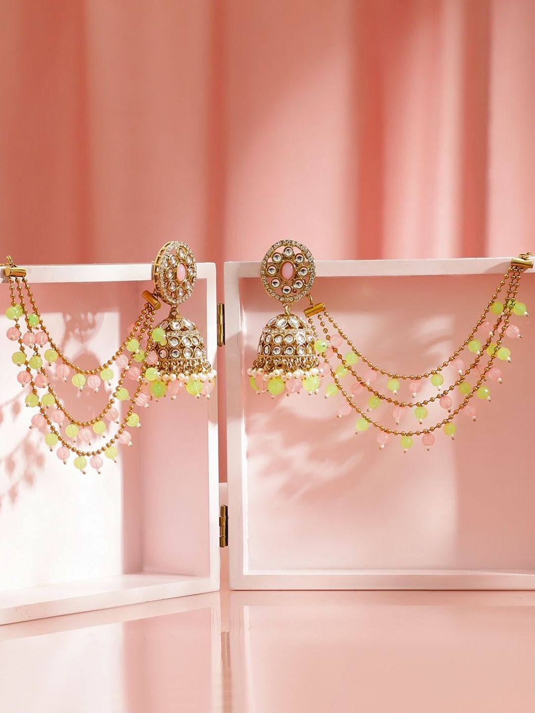 Rubans 18K Gold-Plated Kundan Studded And Beaded Dome Shaped Jhumkas With Hair Chains-picture-42