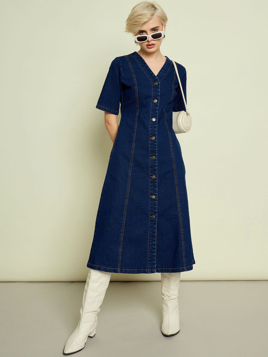 SASSAFRAS SASSAFRAS Women Denim V Neck A-Line Midi Dress