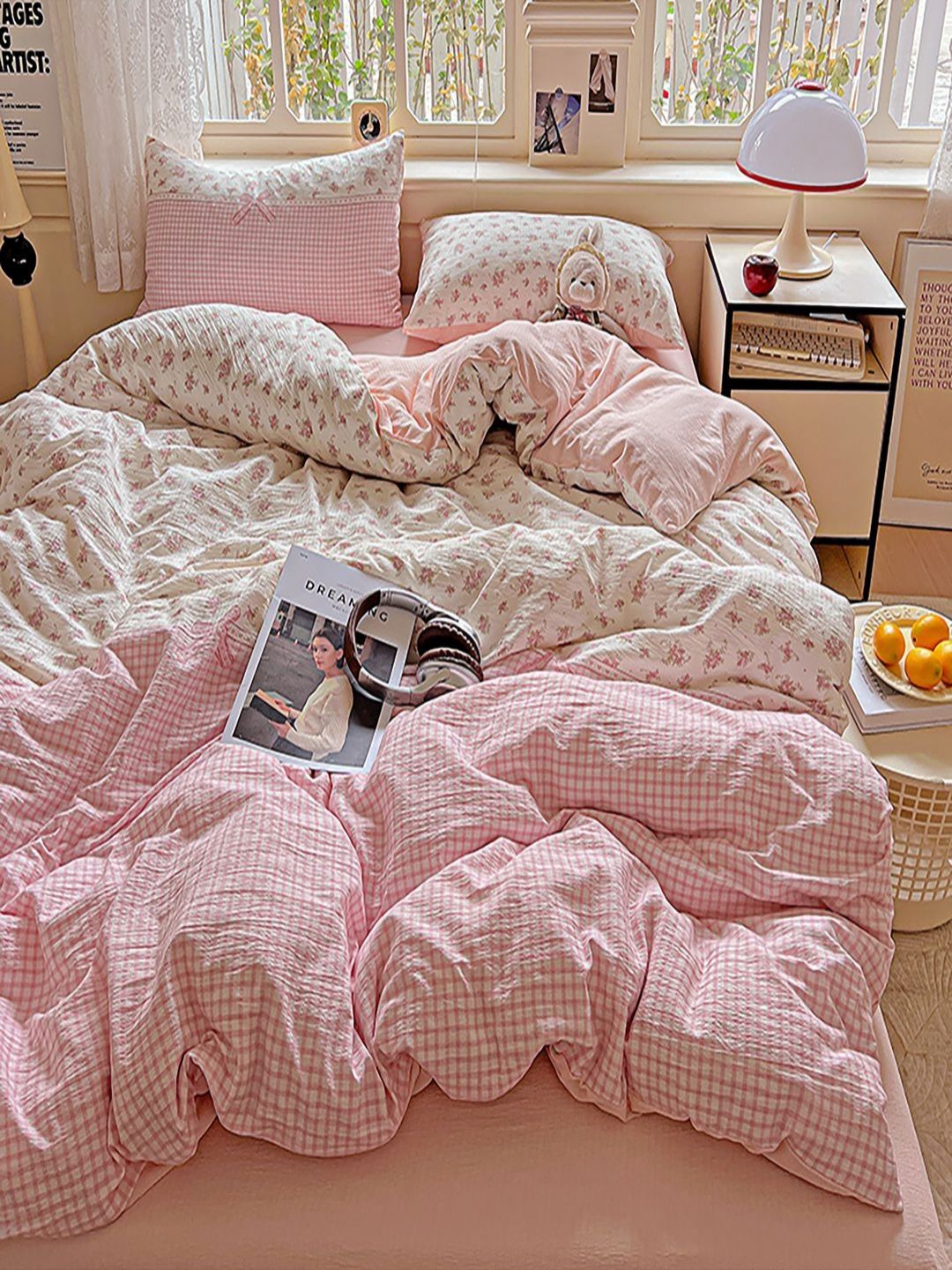 JC HOME Pink & White Floral Printed Double Queen Bedding Set