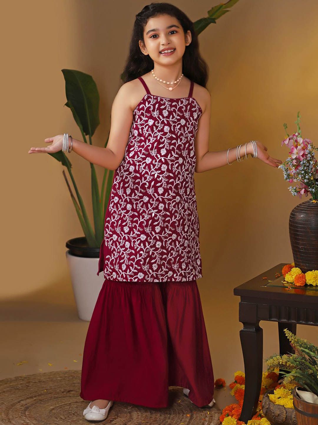 Sangria Girls Ethnic Motifs Embroidered Regular Kurta with Sharara-picture-12