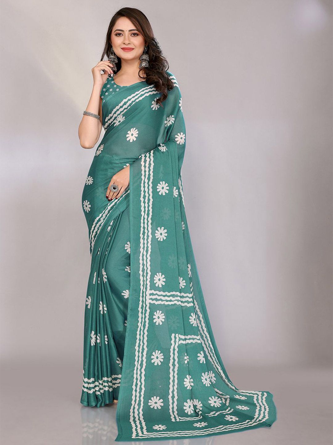 FABMORA Floral Printed Pure Chiffon Saree With Blouse Piece-picture-32