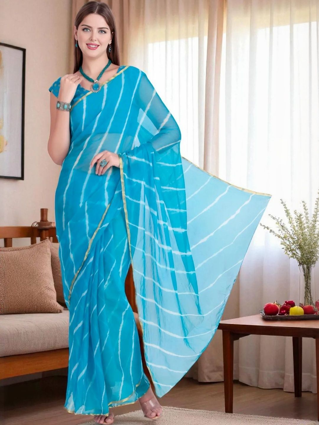 TRAQUILA Leheriya Printed Zari Pure Chiffon Saree with Unstitched Blouse-picture-16