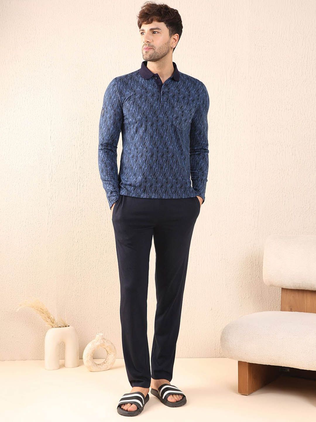 Sweet Dreams Men Printed Jacquard Polo Collar Neck Night Suit-picture-28