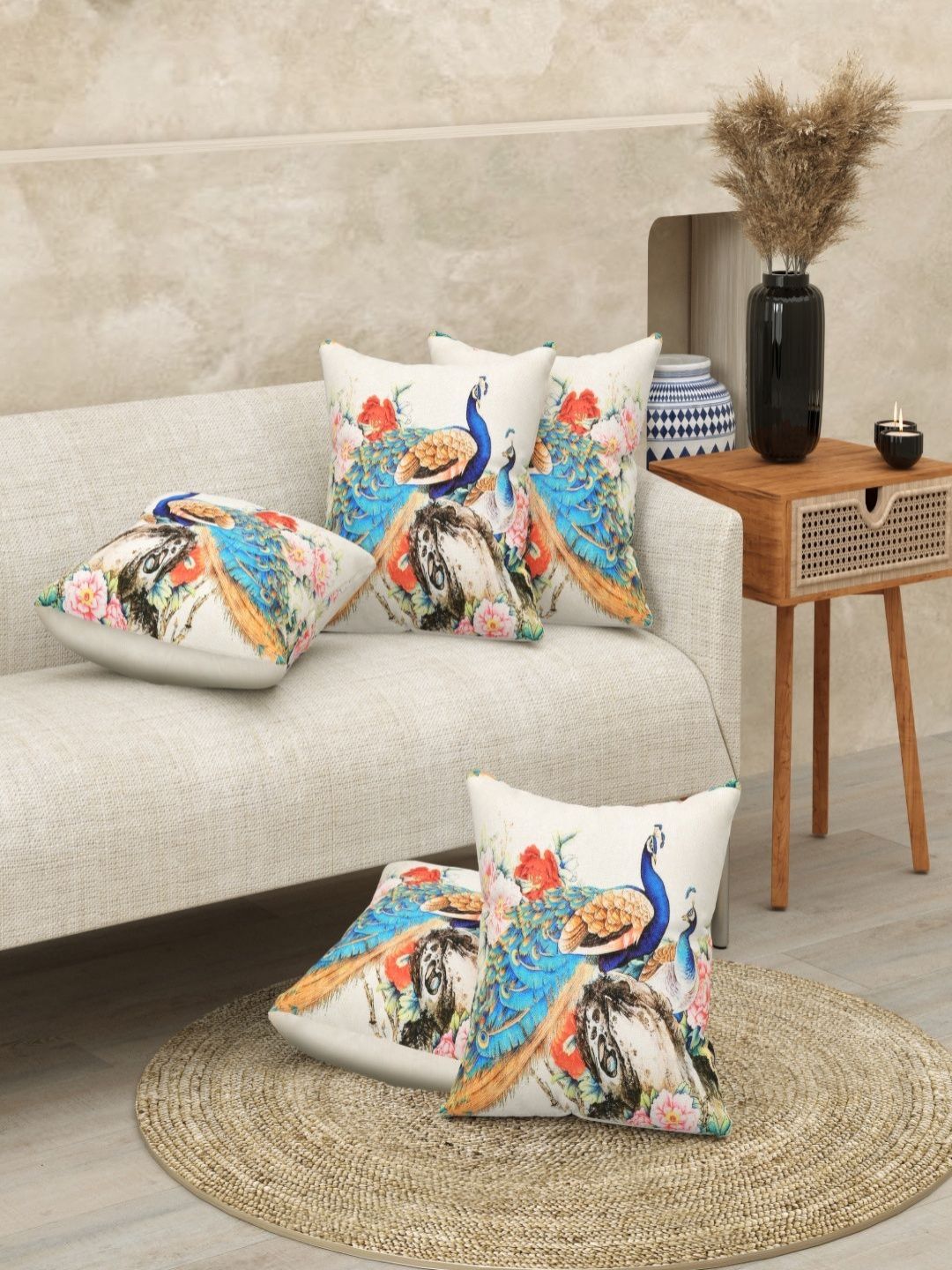 JAIPUR FABRIC White & Blue Ethnic Motifs Square Cushion Covers-picture-27