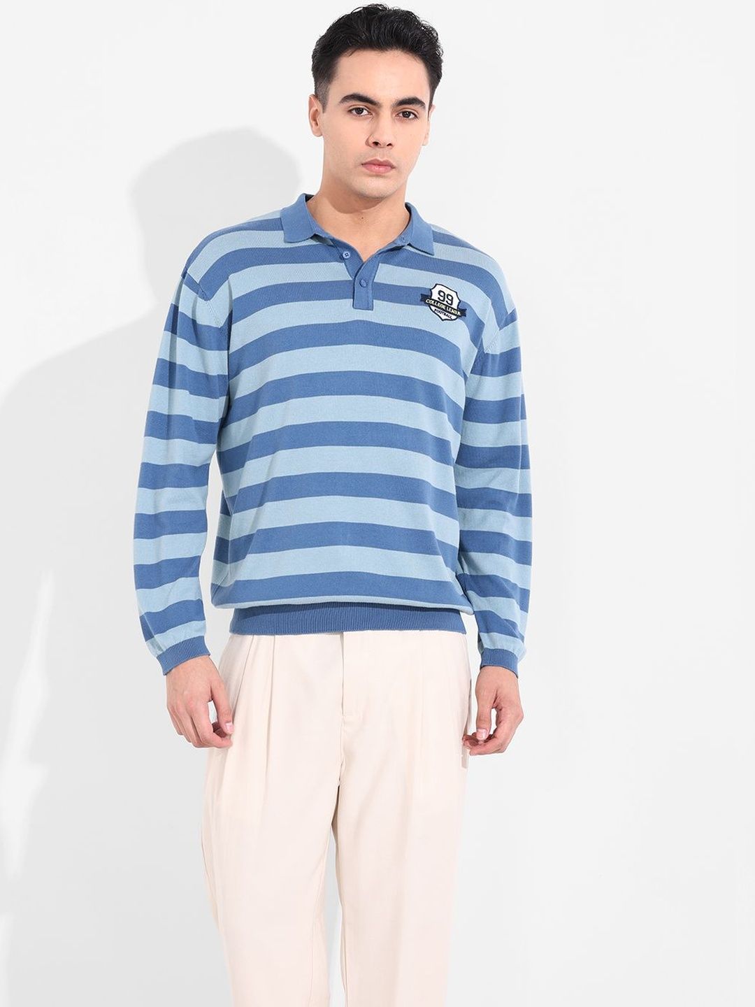 The Indian Garage Co Oversized Striped Polo Collar Pure Cotton T-Shirt-image-18