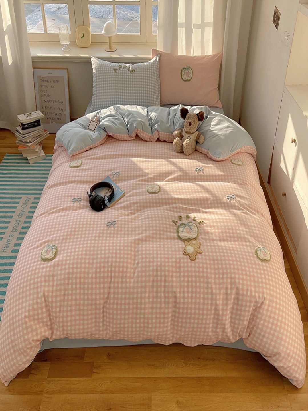 JC HOME Blue & Pink 4 Pieces Printed Double King Bedding Set-image-16