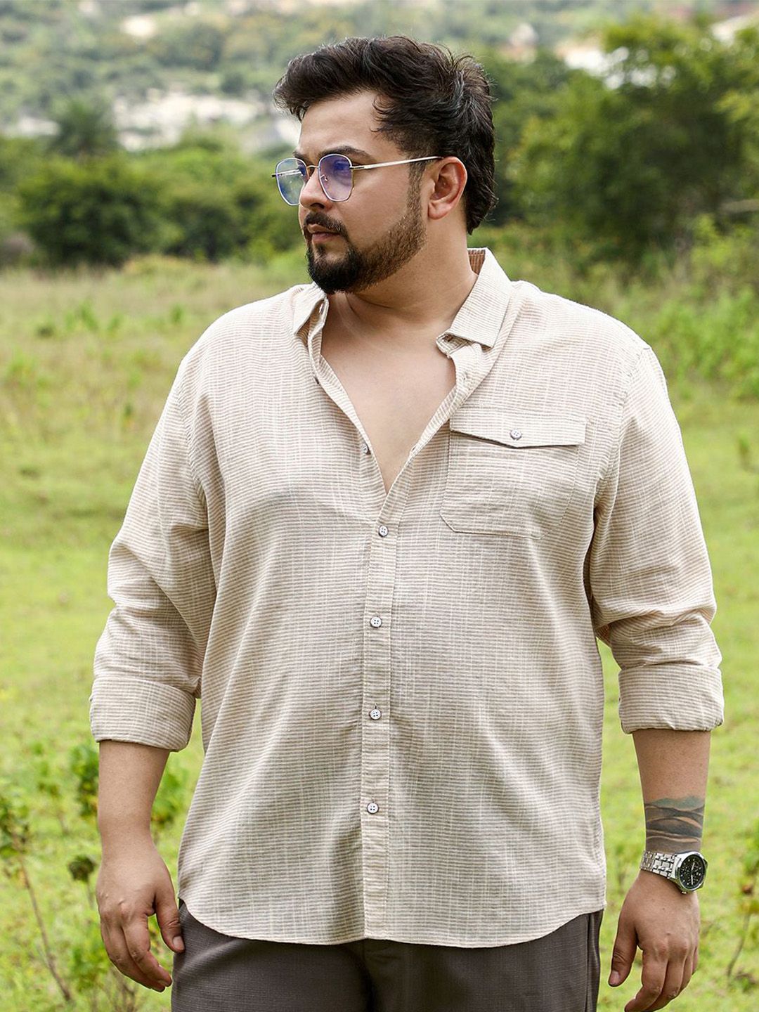 Instafab Plus Men Size Comfort Fit Textured Spread Collar Cotton Casual Shirt-picture-24