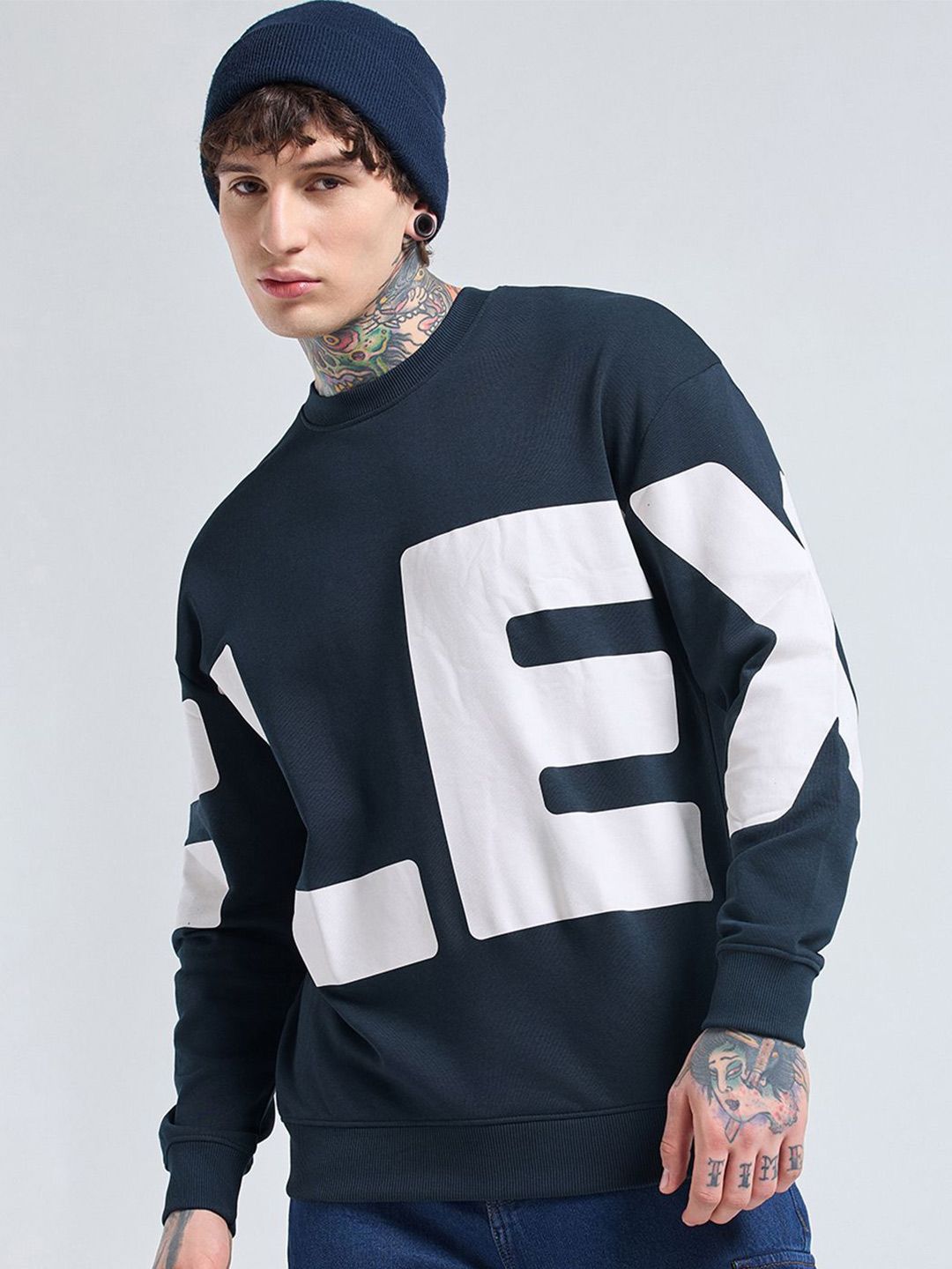 Bewakoof Men Navy Blue Typography Printed Oversized Sweatshirt-picture-21