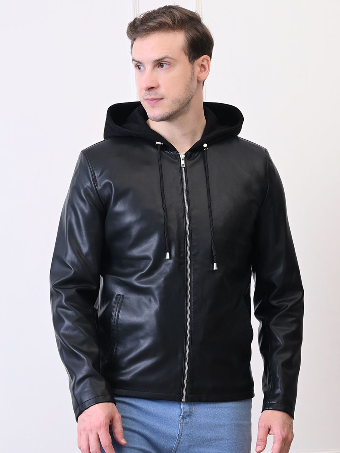 TBOJ Men Hooded Solid Water Resistant Leather Jacket-picture-10