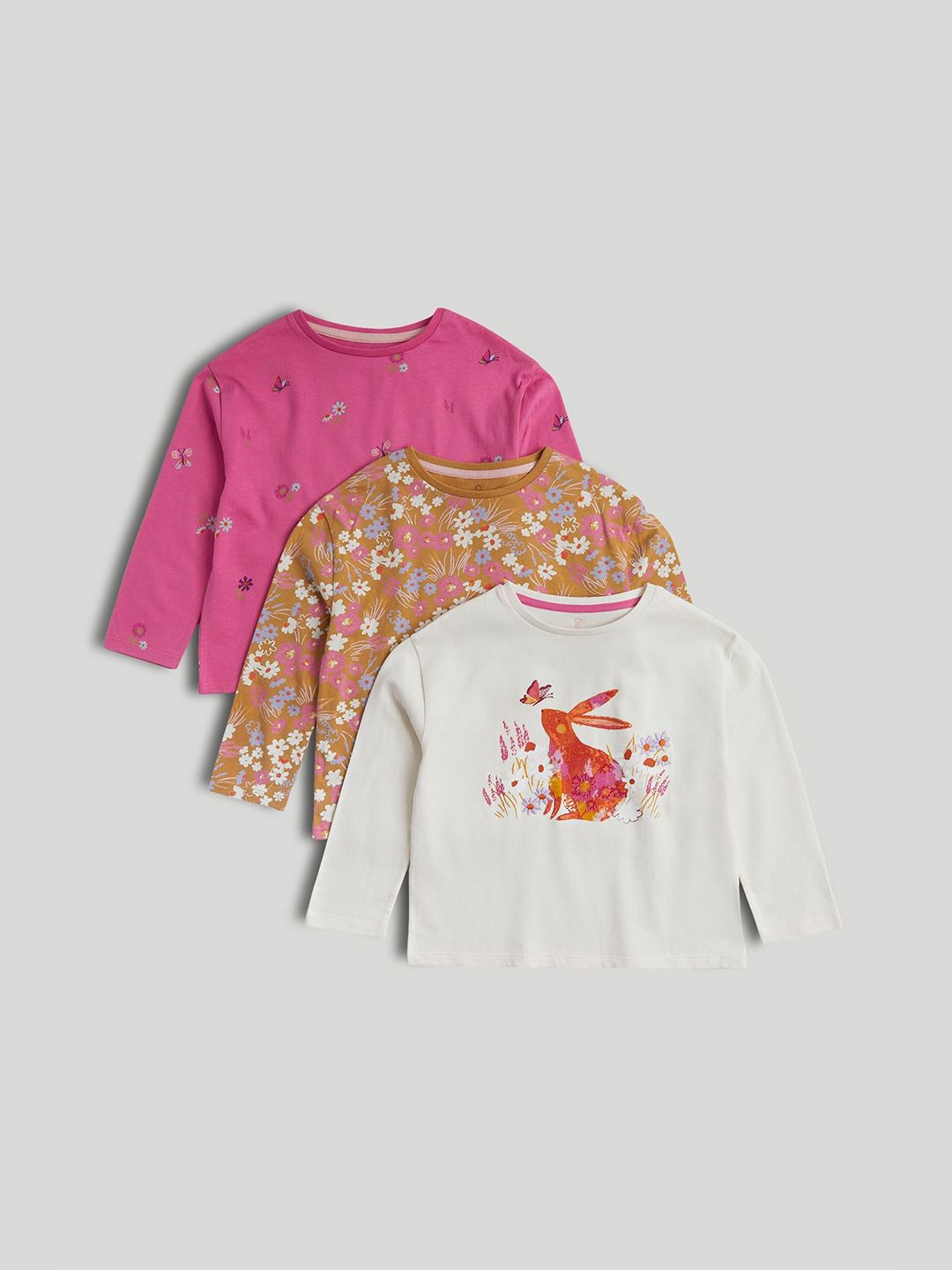 mothercare Girls Pack of 3 Floral Printed Round Neck Pure Cotton T-shirts-picture-51