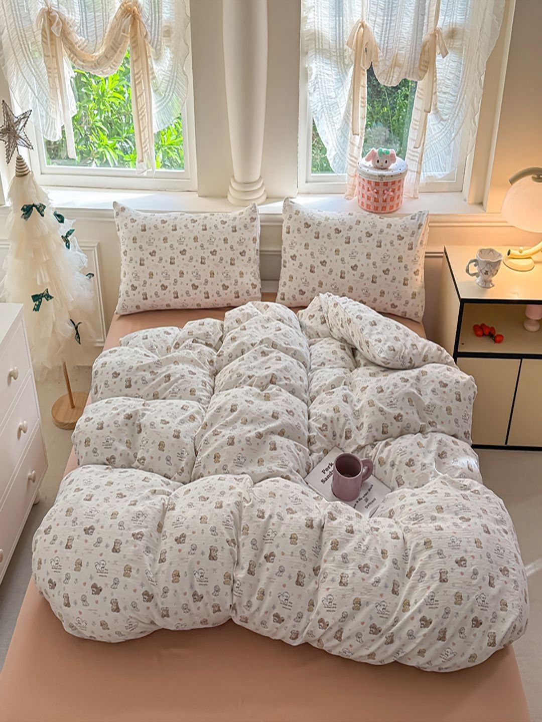 JC HOME Nude-Coloured & White Printed Regular Double King Bedding Set-picture-28