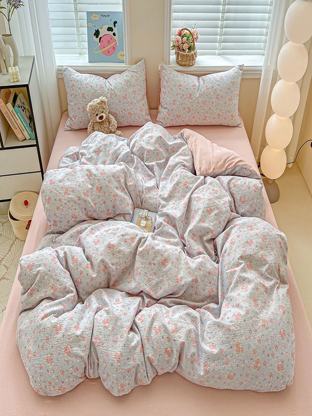 JC HOME Pink Floral 4 Piece Double Queen Regular Bedding Set-picture-47