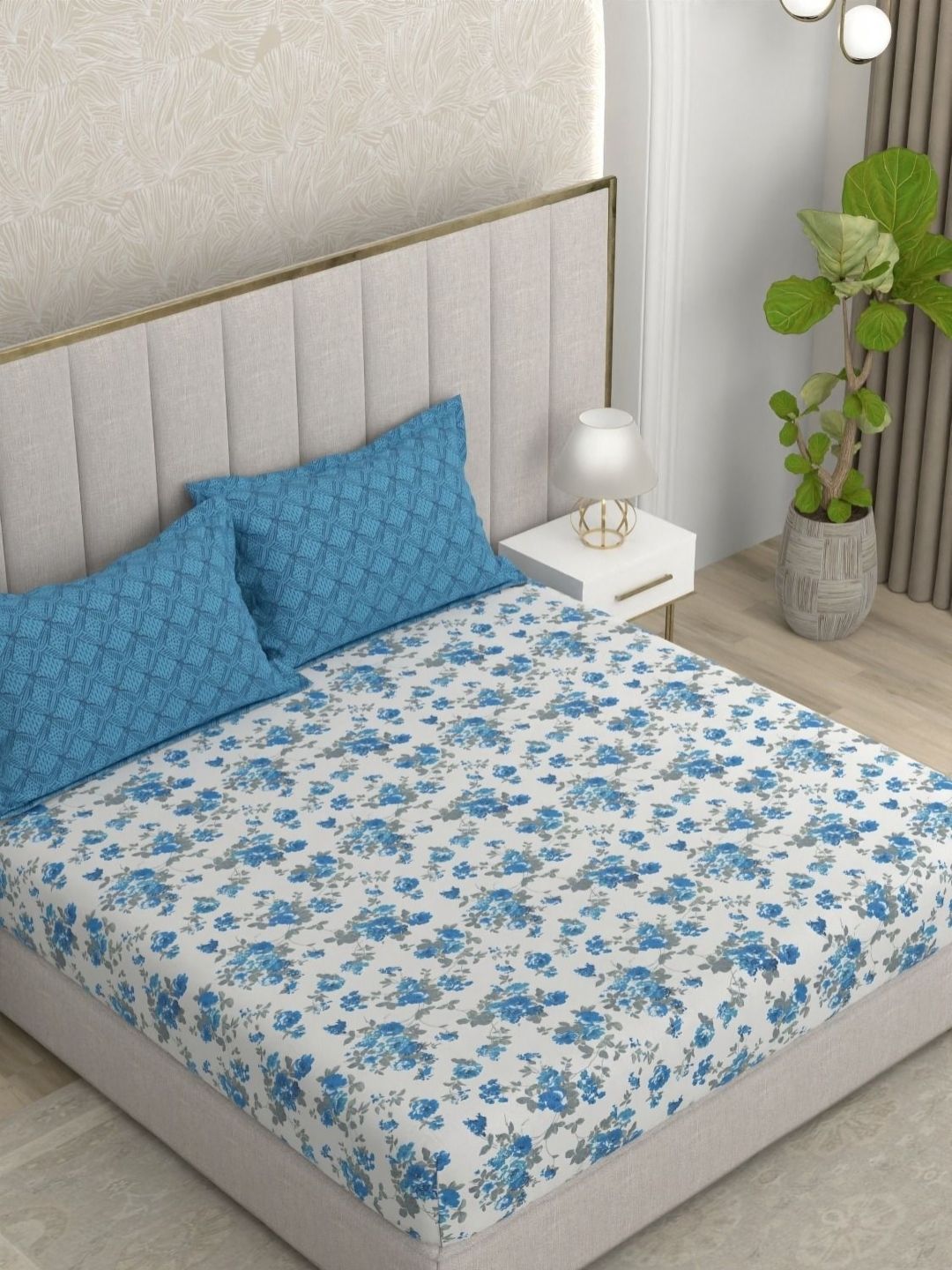 Pure Decor Glory Blue & White Floral Pure Cotton 180 TC King Bedsheet Set-2.54m X 2.74m-picture-44