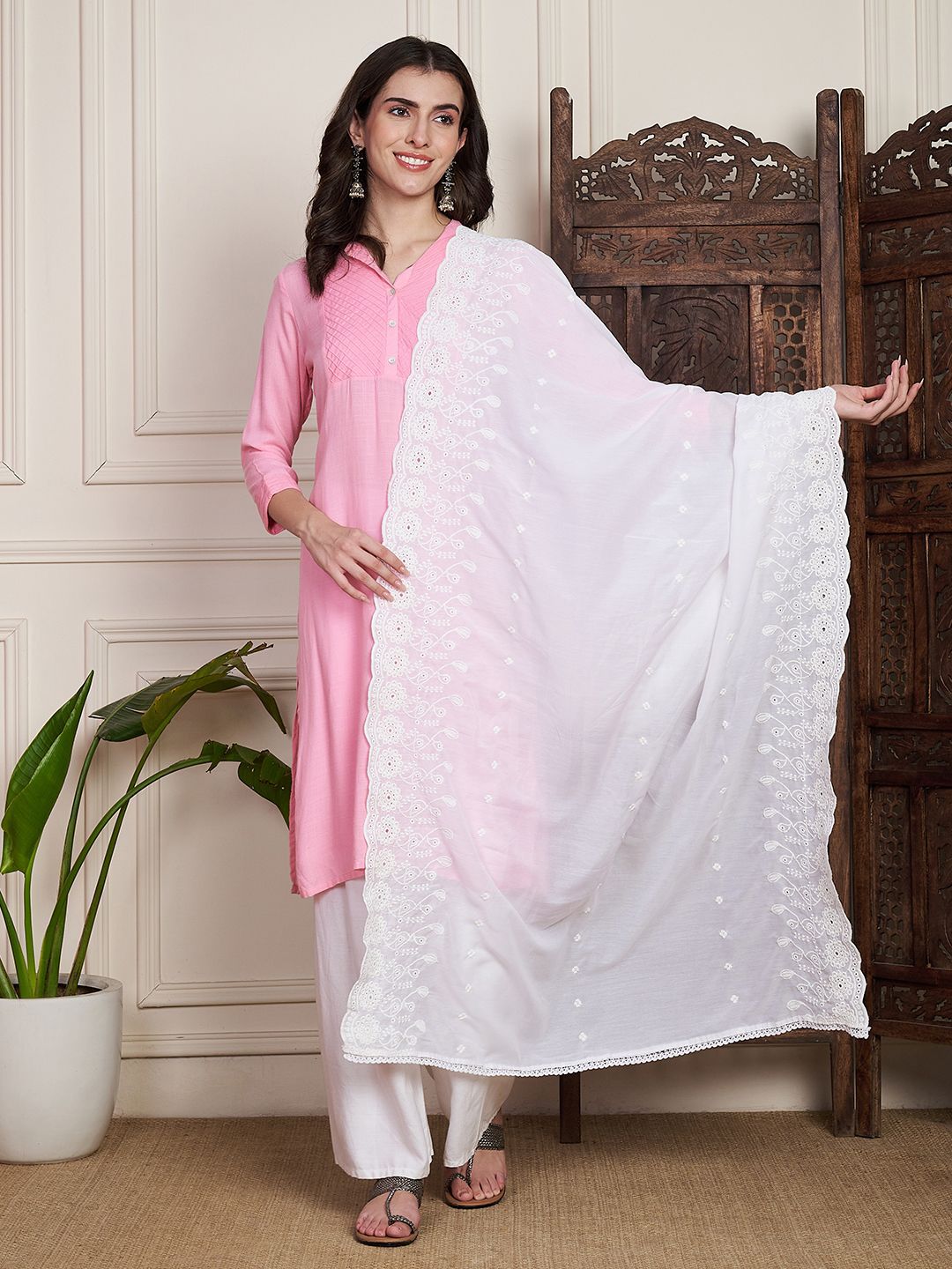 AKSHADEEP Floral Embroidered Chikankari Pure Cotton Dupatta-picture-14