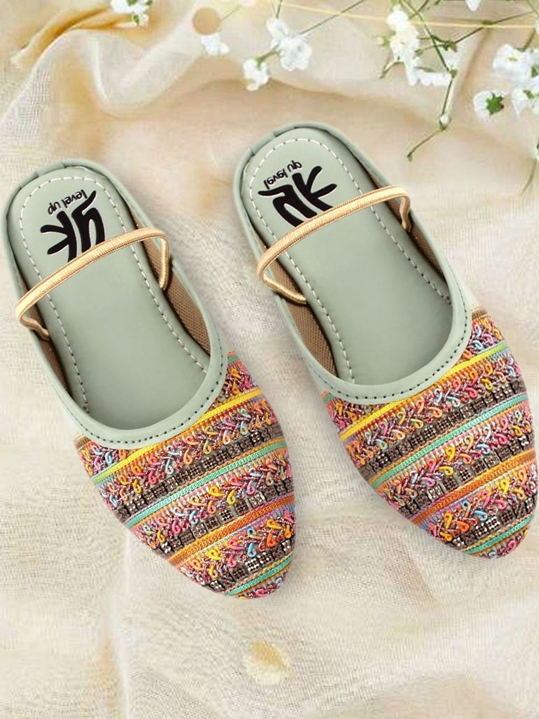 YK Girls Green Embellished Synthetic Leather Flats