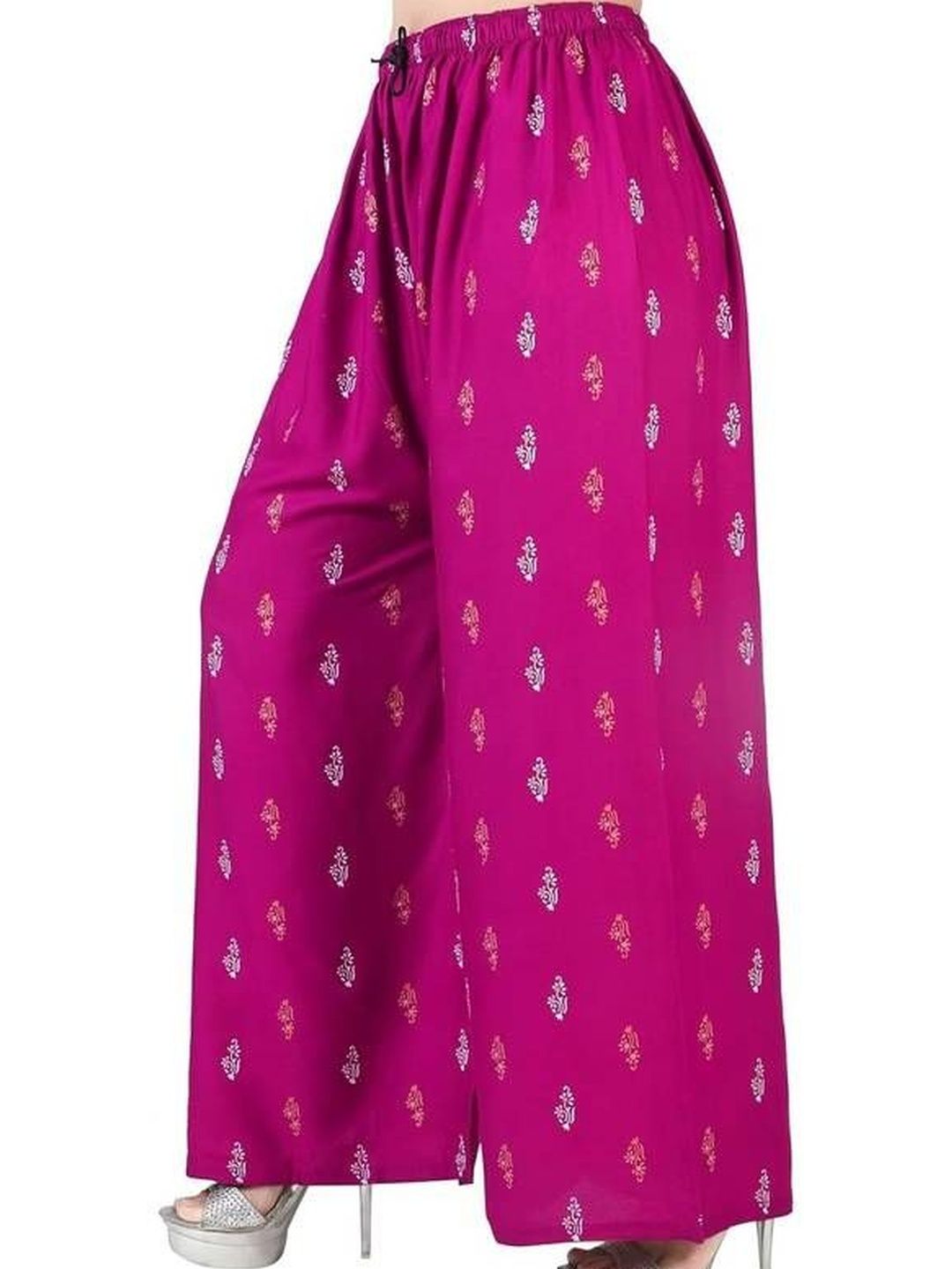 KIROTO Women Pink Floral Printed Cotton Drawstring Wide Leg Casual Palazzos-picture-46