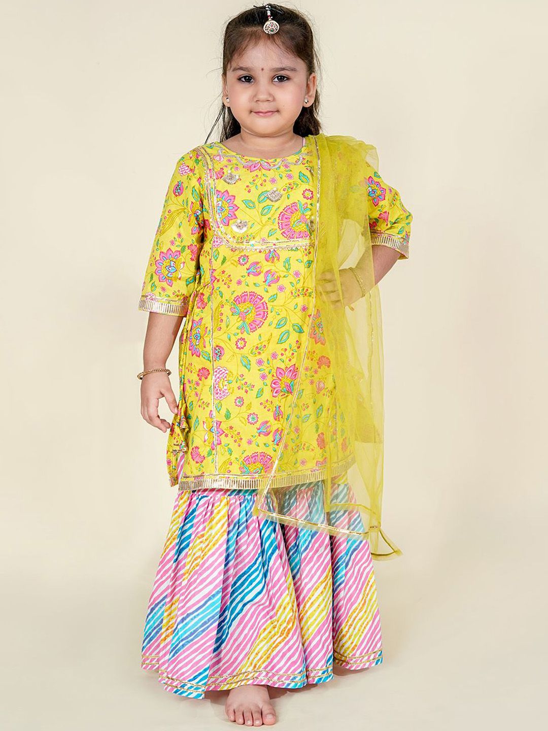 Sangria Girls Floral Printed Regular Cotton Kurti With Sharara & With Dupatta-picture-36